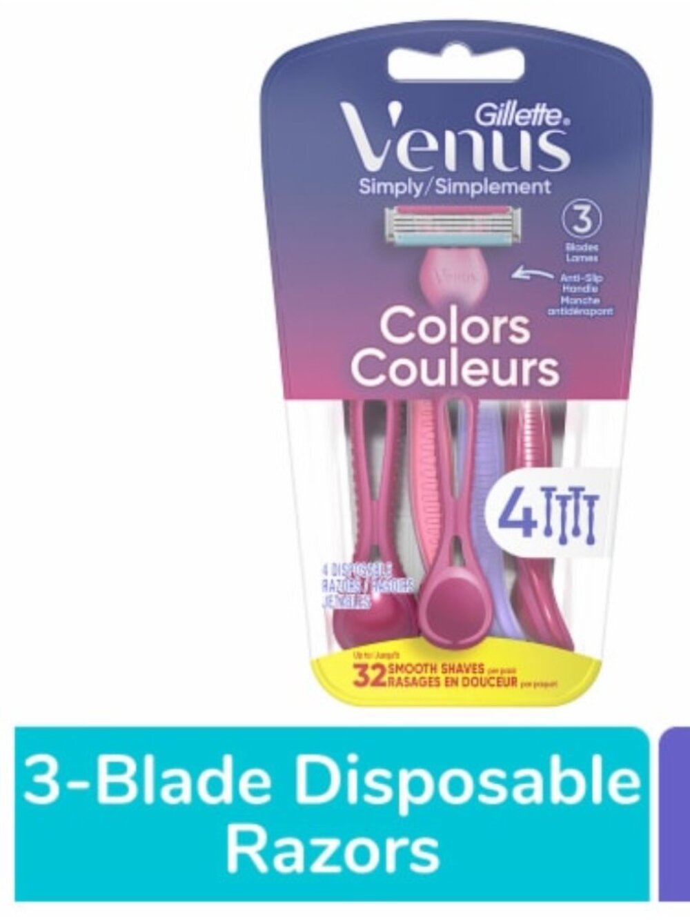 Gillette Venus Simply3 Women's Disposable Razors, 4 Count Each